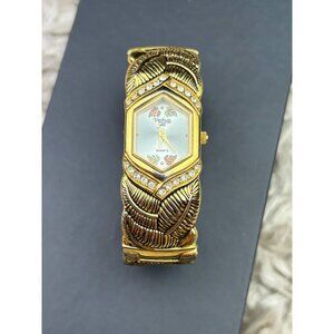 Black Hills Gold goldtone cuff watch crystal trim  diamond-shape bezel 12K leave